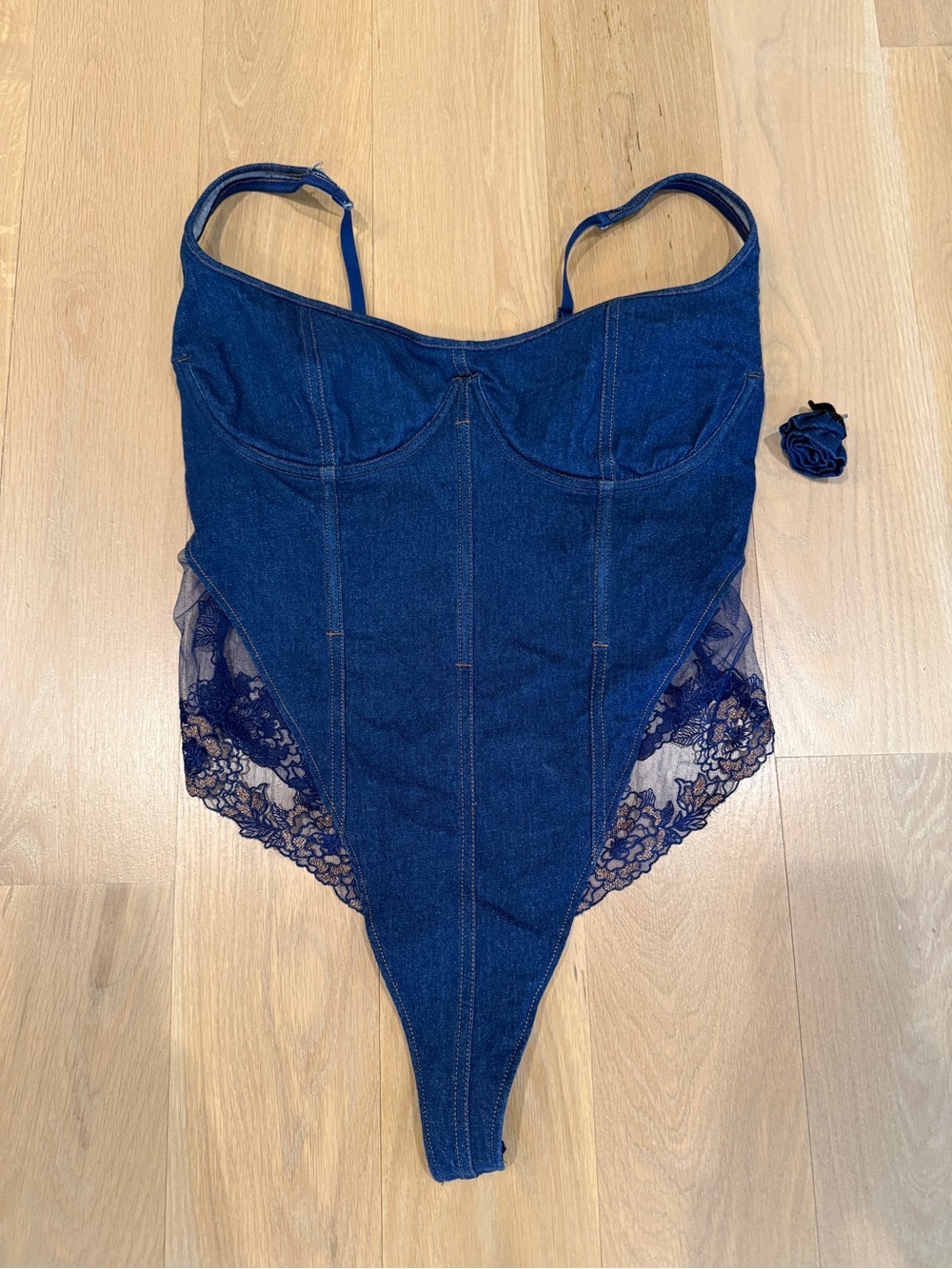 Denim Lace-Trim Bodysuit - Navy